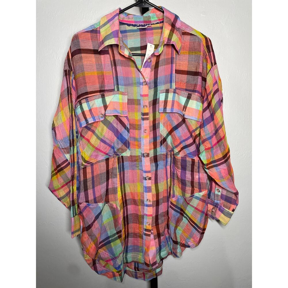 NEW Pilcro Mixed Madras Plaid Oversized Shirt XXS/XS Long Sleeve Button-Down - Picture 4 of 10